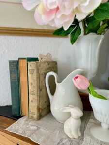 budget spring decorating with antique books, thrift store finds and vintage pieces