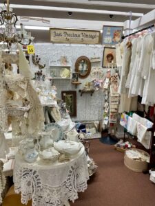 A curated vintage collection displayed on a shelf ready for sustainable decluttering