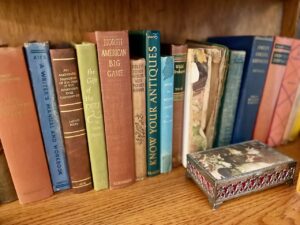 bottom shelf of a vintage curio cabinet lined with old books and blue and white ironstone