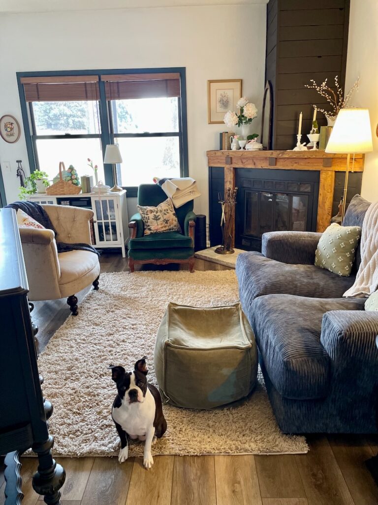 a cozy living room decorated almost entirely from thrift store finds including a vintage sideboard and antique green chair