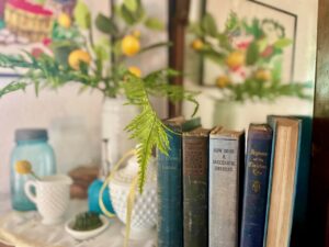 A thoughtfully curated display of antique items that survived a sustainable decluttering session