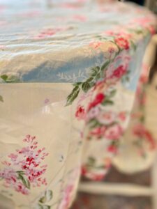floral pattern on a vintage thrifted tablecloth