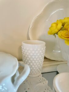 thrifted milk glass tumbler used for summer home decor