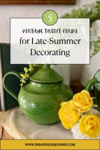 thrifting for vintage home decor-green enamel teapot styled on a late summer mantel