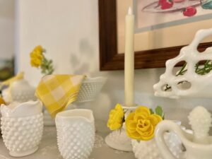 vintage hobnail milk glass styled for summer decor