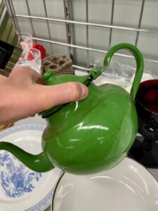 thrifted green enamel teapot 
