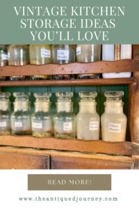 vintage spice jars and rack in a thrifted vintage kitchen