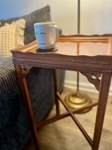 vintage wood side table styled in a small living room Thrifted Goodies from The Antiqued Journey