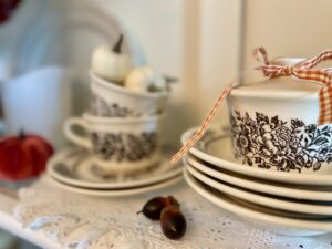 vintage fall decorating on shelving