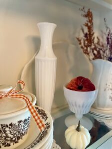 thrifted milk glass vase fall decorating